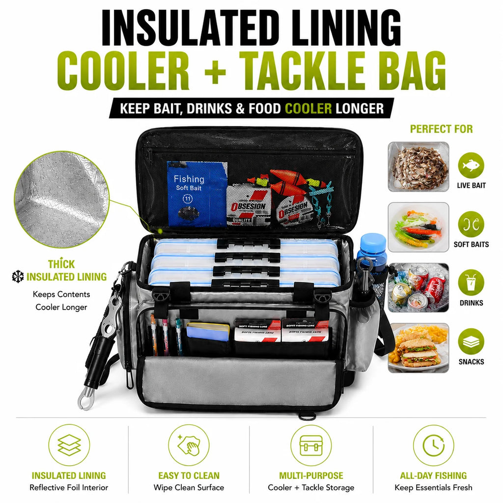Portable Fishing Tackle Storage Bag with Insulated Cooler Compartment Fits 4 x 3700 Tackle Boxes
