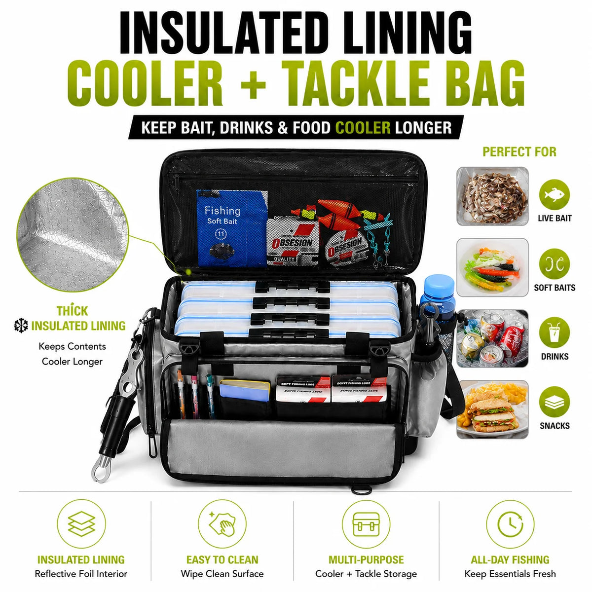 Portable Fishing Tackle Storage Bag with Insulated Cooler Compartment Fits 4 x 3700 Tackle Boxes