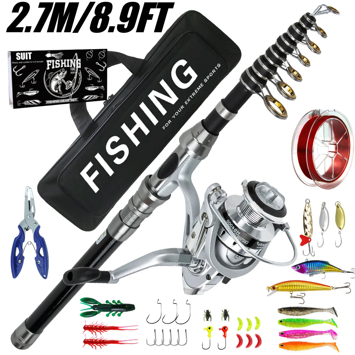 Telescopic Fishing Rod and Spinning Reel Combo Set with Tackle and Carry Case