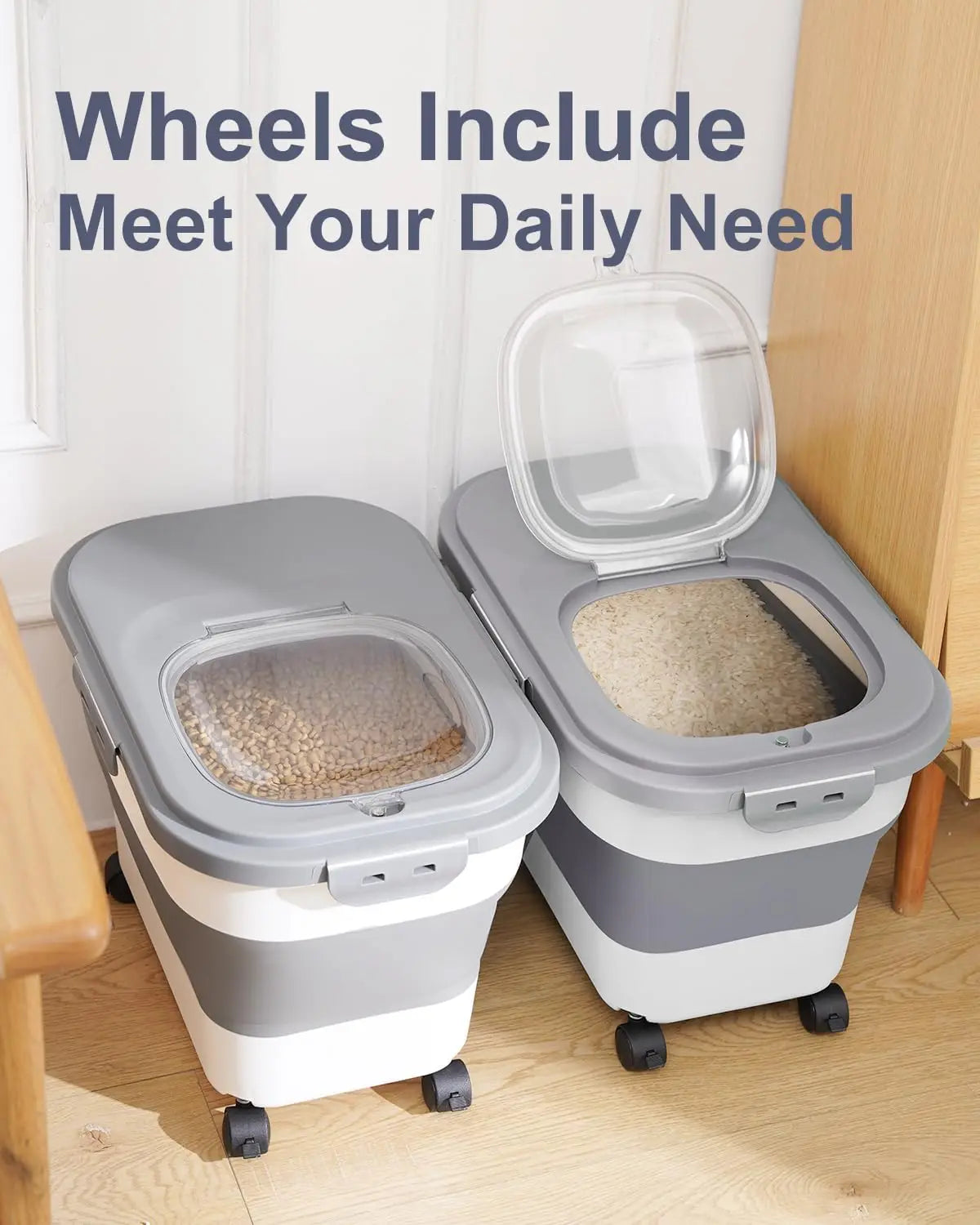 Foldable Pet Food Storage Container with Wheels and Clear Lid Large Capacity Dry Food Bin