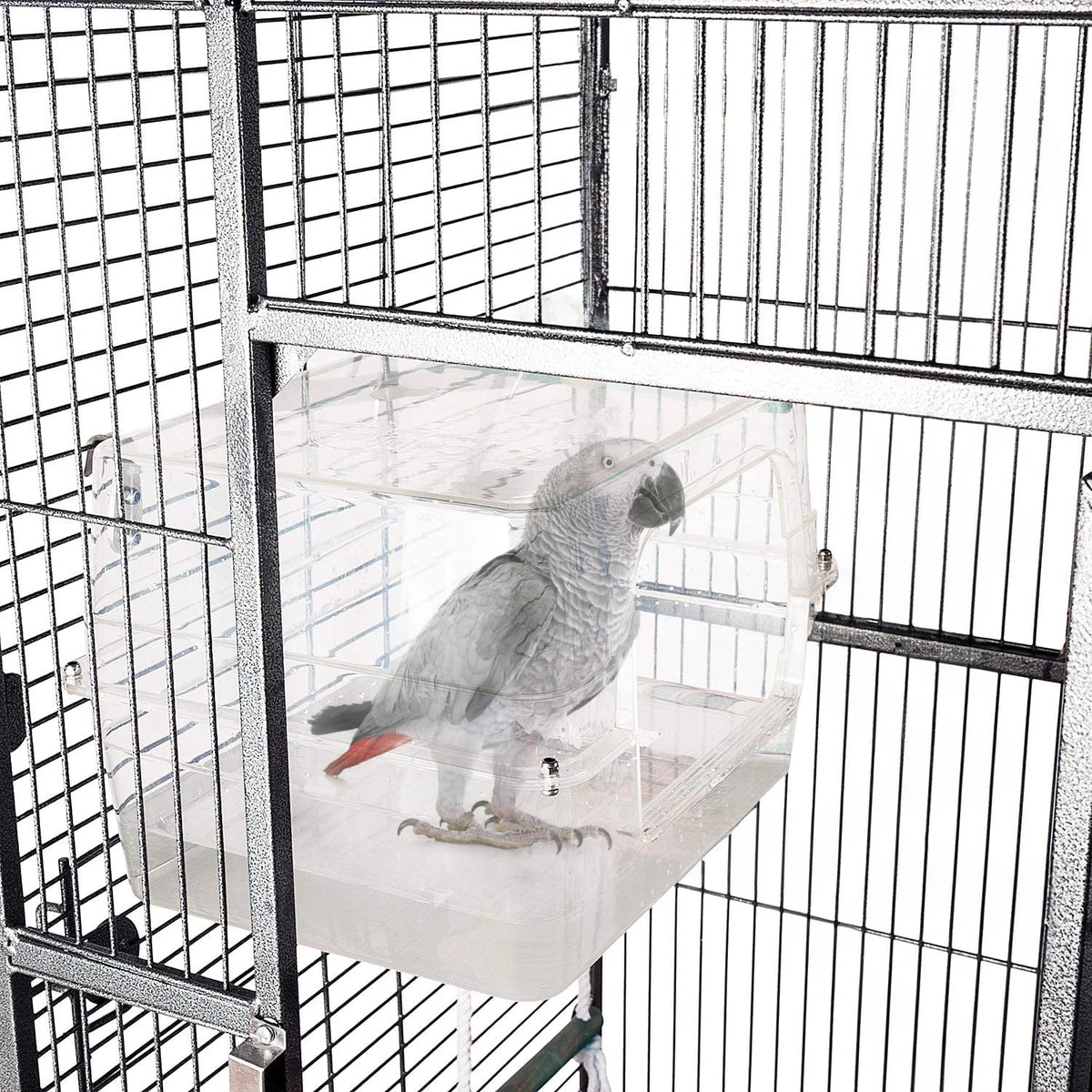 Large Transparent Bird Bath Box for Cage Birds Parrots with Perch Portable Hanging Bird Bath